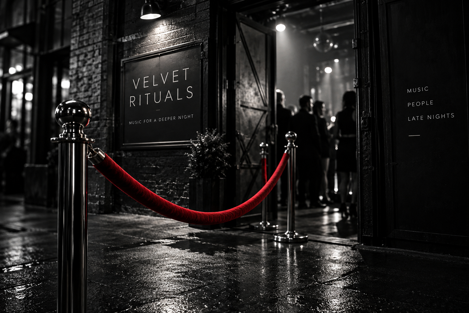 A red velvet rope beside the open Velvet Rituals doorway, with its sign illuminated against a black-and-white urban street